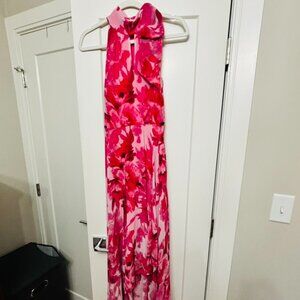 White House Black Market pink floral high-neck, high-low dress - size 2